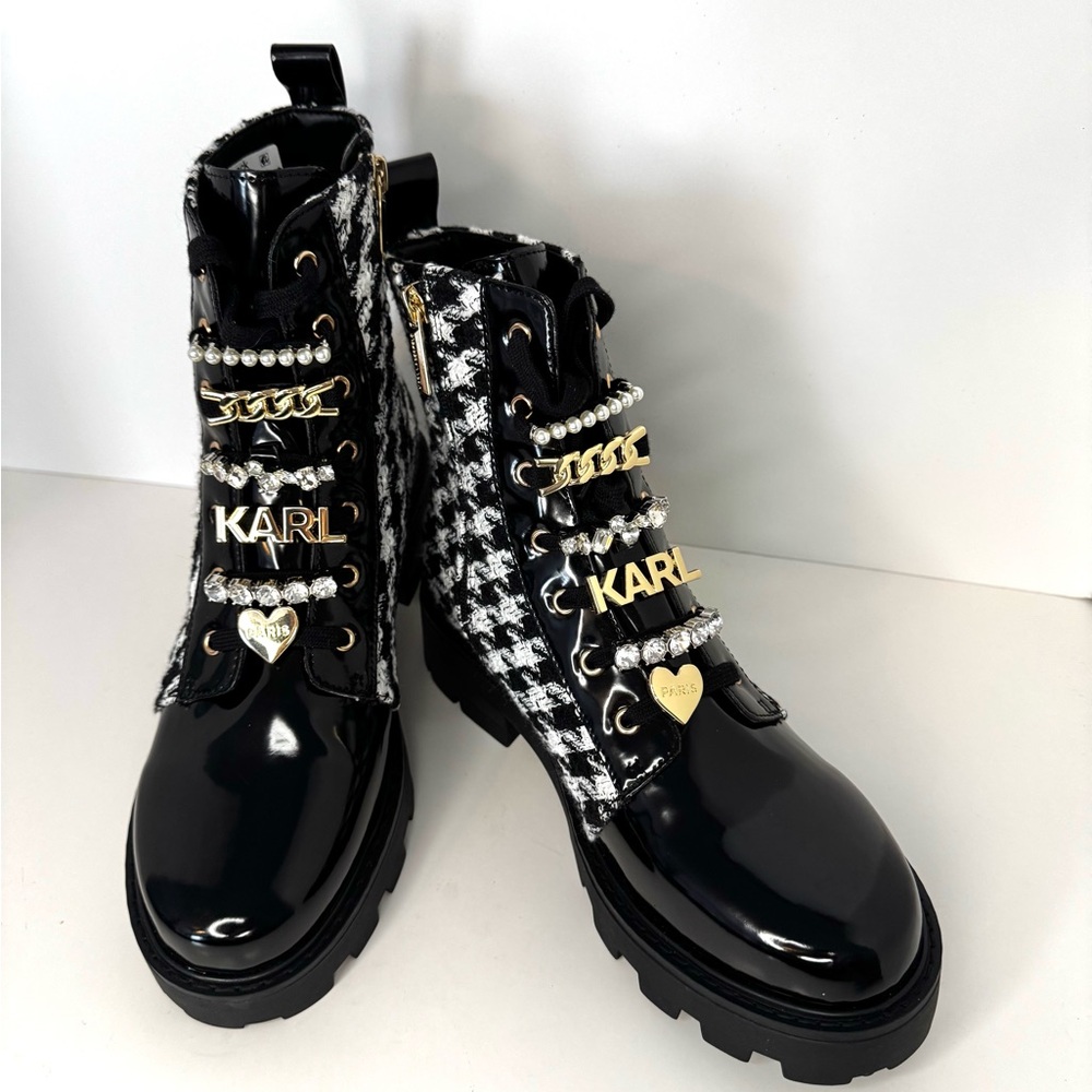 New Karl Lagerfeld Mela Tweed Black/White Combat Boots - Picture 11 of 12